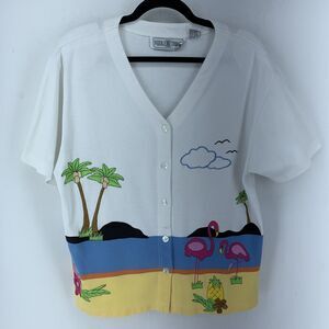 Vtg Womens Large Button Up Top Tropical Flamingo Multicolor Pineapple Beach 90’s